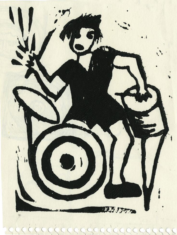 a black and white drawing of a woman playing the guitar in front of a drum