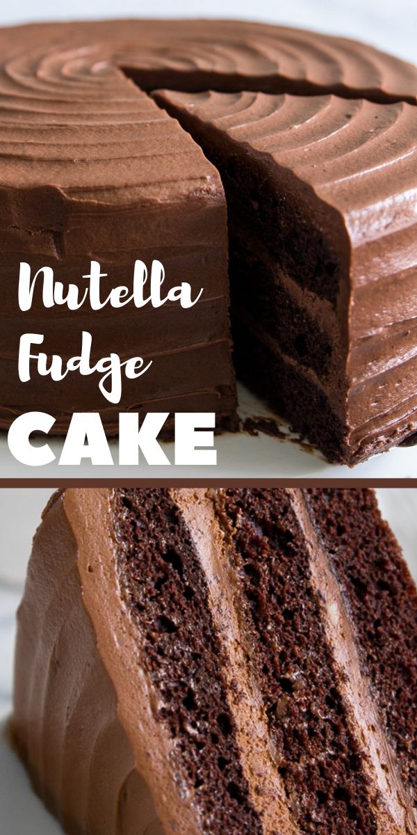 chocolate fudge cake on a white plate with the words nutella fudge over it