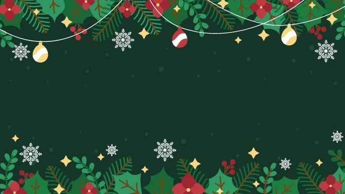 a green christmas background with holly and snowflakes hanging from the top, surrounded by stars and baubs