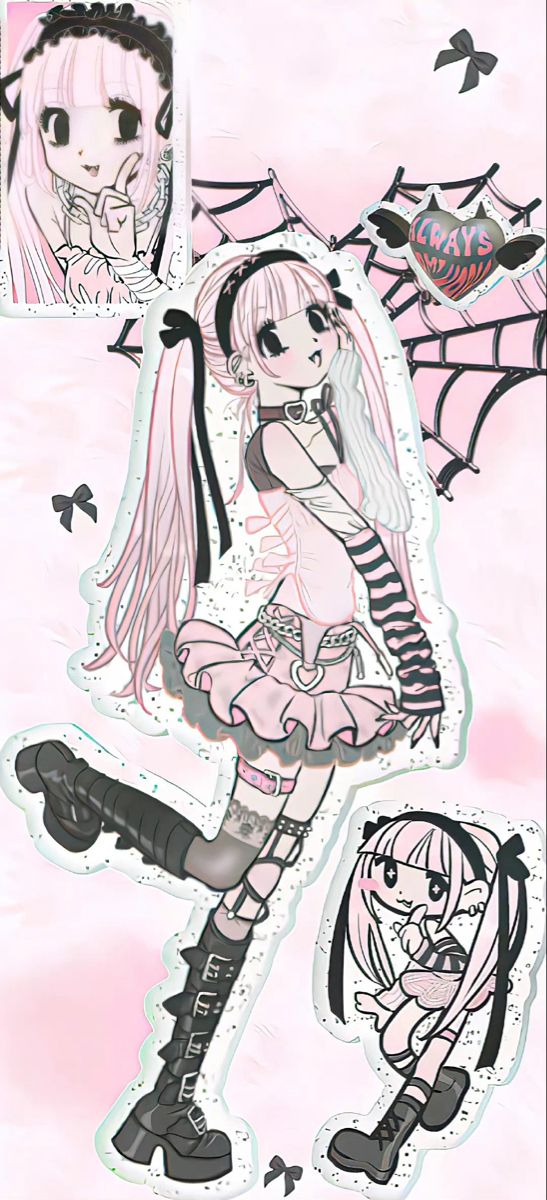 a drawing of a girl with pink hair and black boots holding a spider web on her shoulder