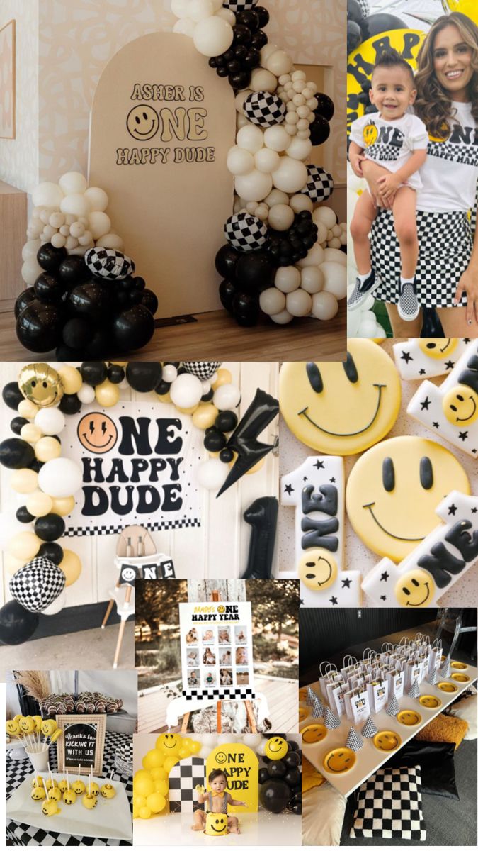 a collage of photos with balloons, decorations and other items for a birthday party