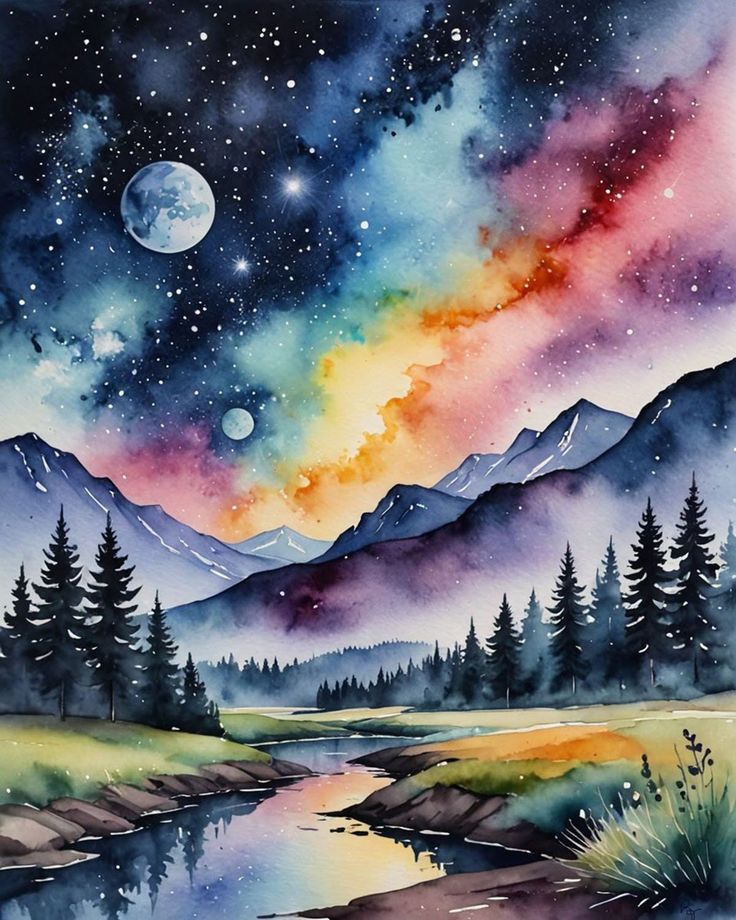 a painting of the night sky with mountains and trees