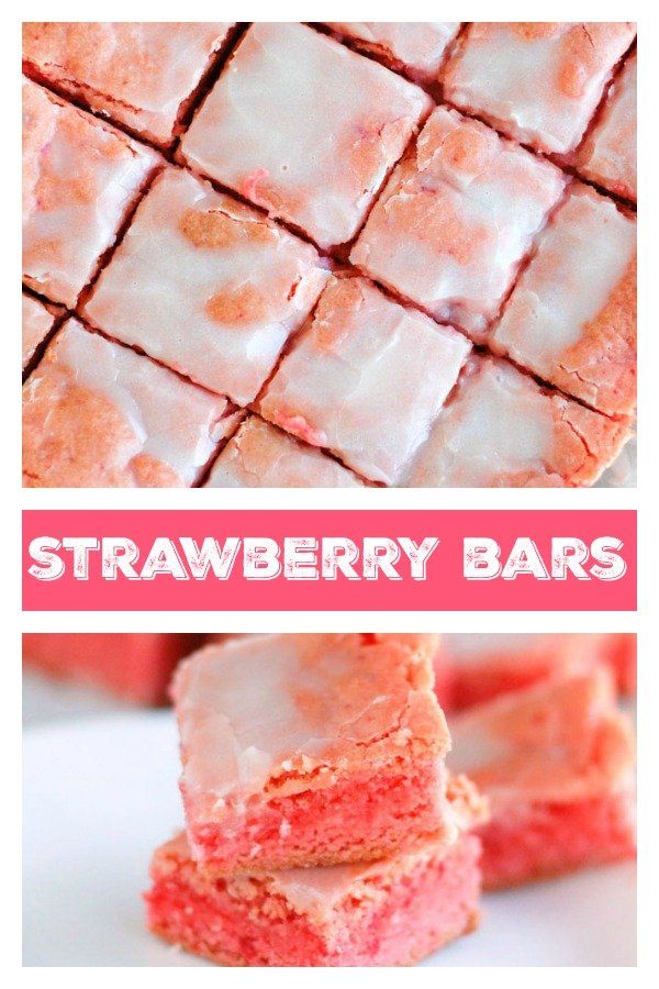 strawberry bars stacked on top of each other with white frosting and pink icing