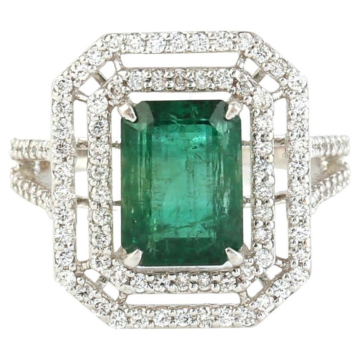 14KT:4.960g, Diamond:0.75ct, Emerald:2.92ct, Size: US-7 Emerald Ring With Center Stone In 14k White Gold, Luxury Gia Certified Emerald Cut Gemstones, Gia Certified Platinum Gemstones Fine Jewelry, Formal Gia Certified Emerald Gemstones, Oval Emerald Ring With Pave Setting In Platinum, Green Platinum Ring With Pavé Setting, Green Platinum Rings With Pave Setting, 14k White Gold Emerald Cut Halo Ring, Fine Jewelry Diamond Cluster Gemstones