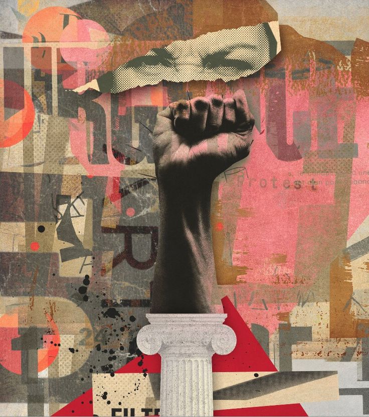 a collage of various images with a fist raised in the air, surrounded by words and symbols