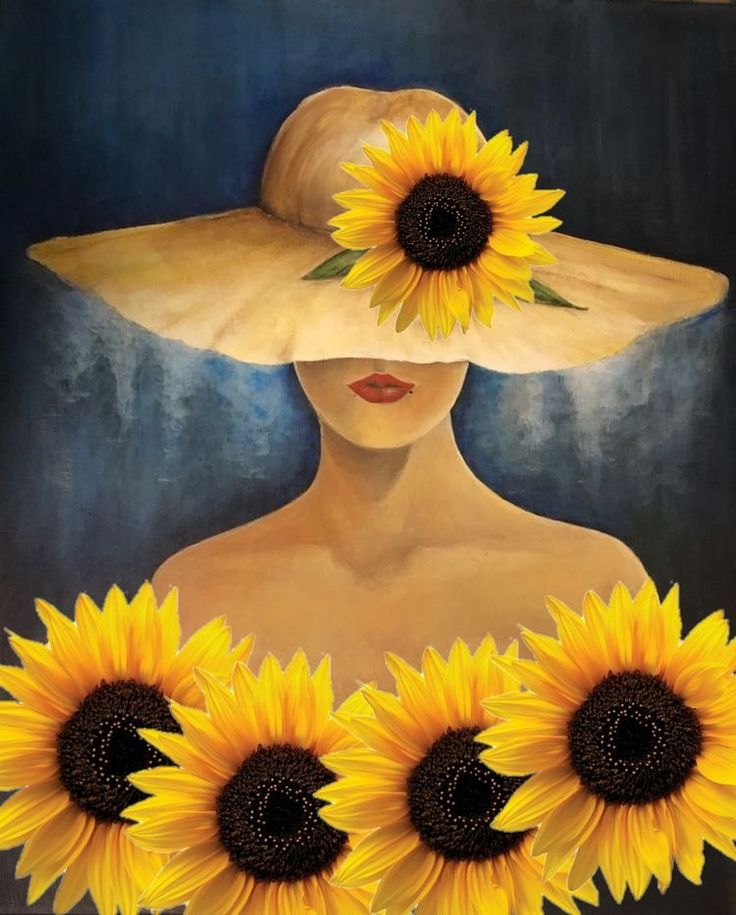 a painting of a woman with sunflowers in front of her face and head