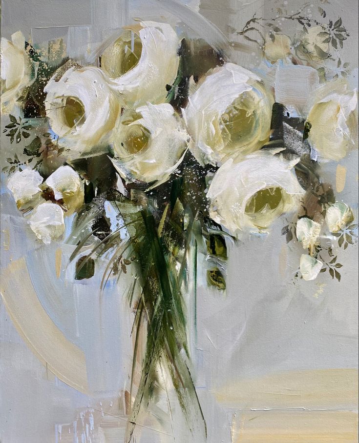 an oil painting of white roses in a glass vase on a gray and yellow background