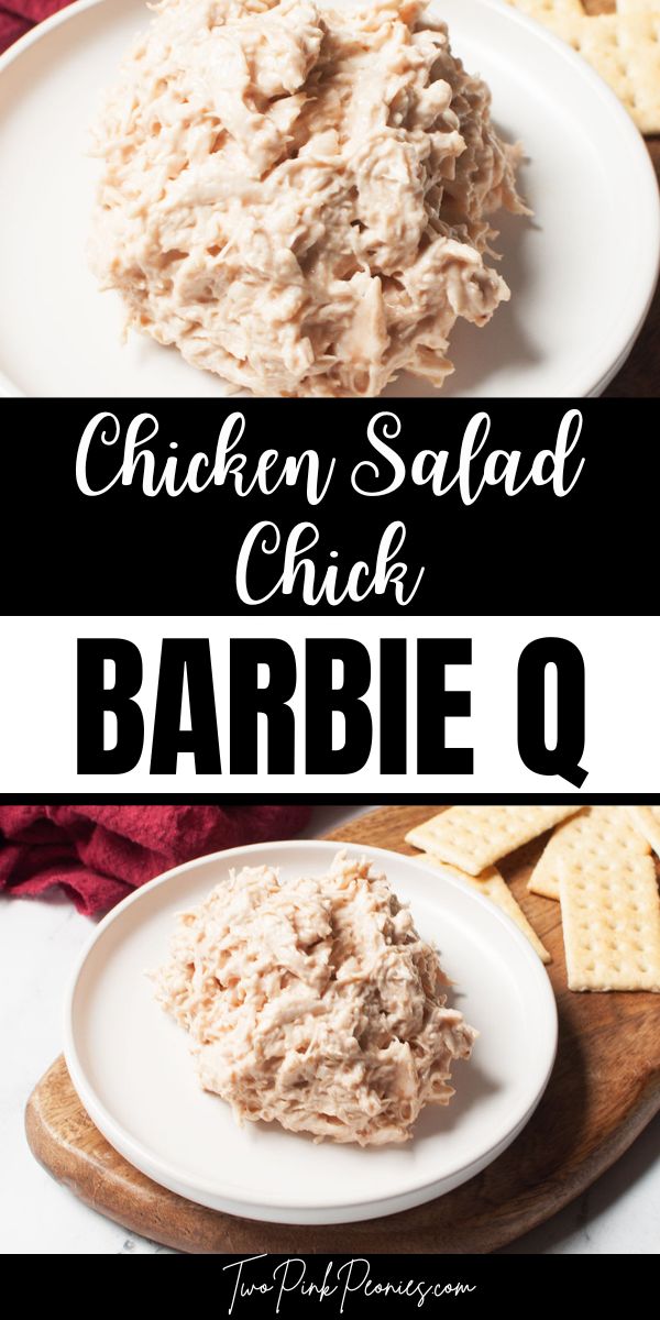 Text that says Chicken Salad Chick Barbie-Q  above and below the image are photos of chicken salad on a plate. Barbie Q Chicken Salad Chick, Barbie Chicken, Chicken Salad Chick Recipe Copycat, Copycat Chicken Salad Chick, Copycat Chicken Salad, Chicken Salad Chick Recipe, Bbq Chicken Salad Recipe, Chicken Salad Chick, Chicke Recipes