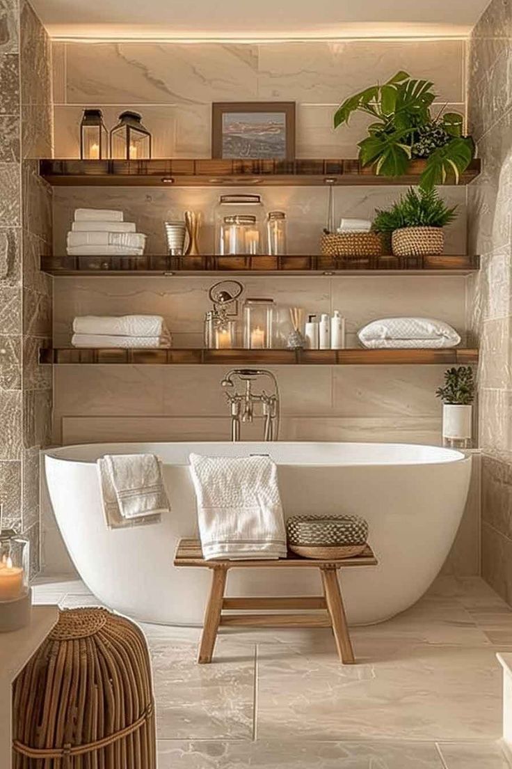 a white bath tub sitting next to a wooden shelf filled with candles and other items