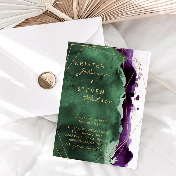 Emerald Green & Plum Purple Wedding Invitation Green Navy Blue Wedding, Royal Purple Wedding, Plum Purple Wedding, Deep Purple Wedding, Dark Purple Wedding, Marriage Hall, Purple Wedding Invitation, Forest Green Wedding, Green Gold Weddings