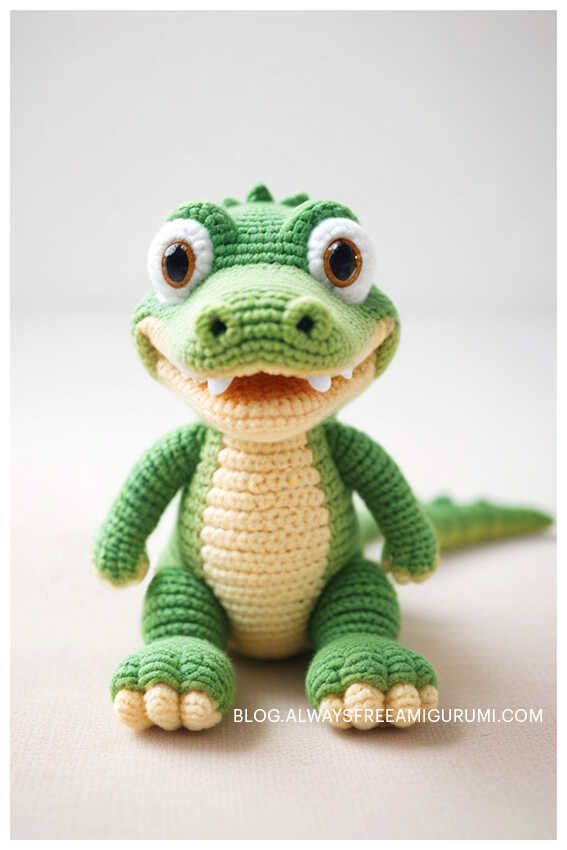 a crocheted green and white alligator with big eyes sitting on a table top