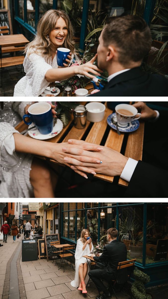 two pictures of people sitting at a table with cups and saucers on their hands