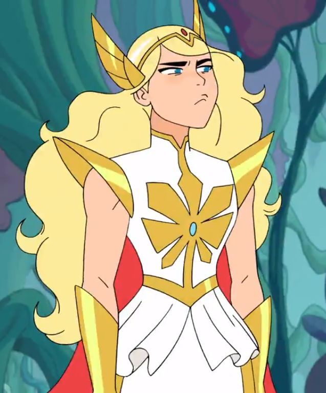 an animated image of a woman with blonde hair wearing a white dress and gold armor