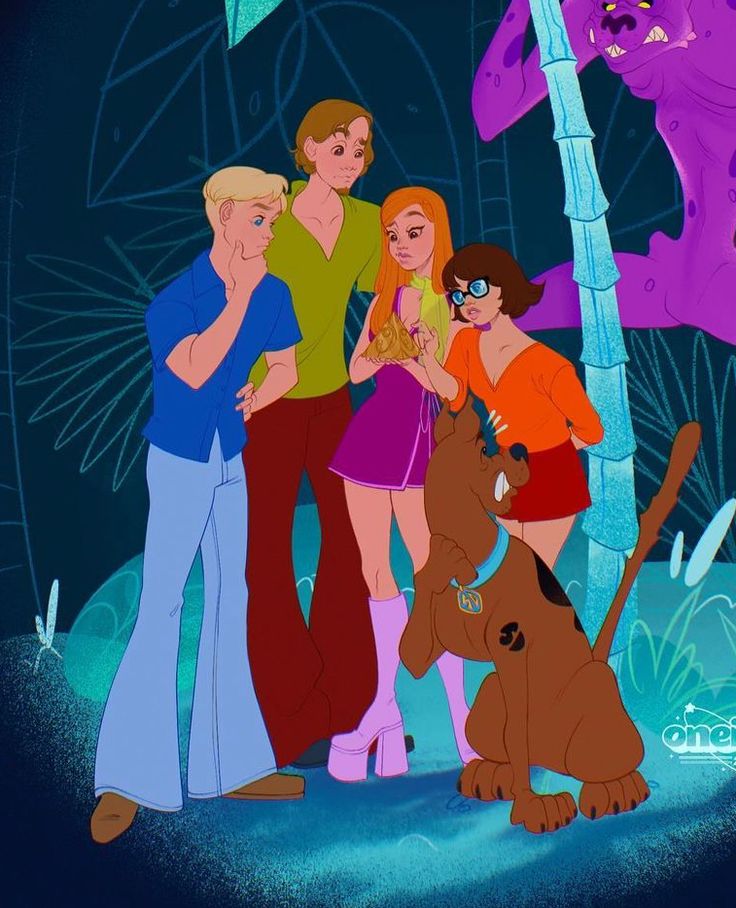 the scooby gang is standing in front of a palm tree