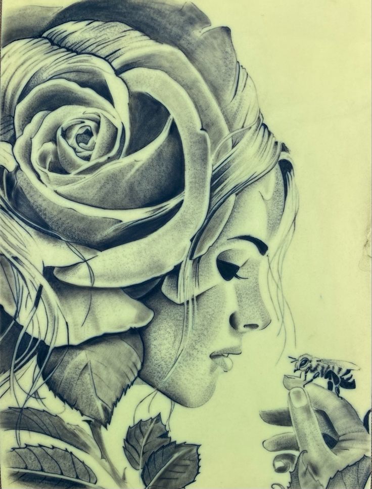 a drawing of a woman with a rose in her hair