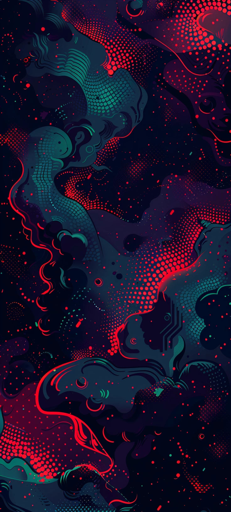 an abstract background with red and blue waves in the dark night, as well as dots