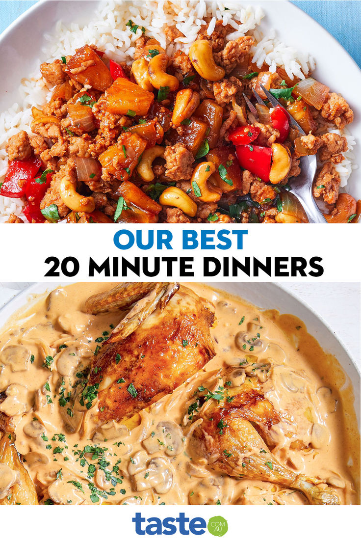 two plates with different types of food and the words our best 20 minute dinners