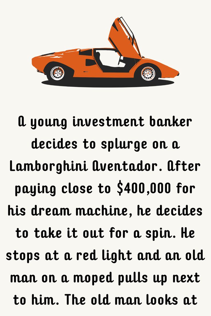 an orange sports car with the words young investment banker decides to spluge on a lamborgini inventor, after paying close to $ 400, 000 for his dream machine