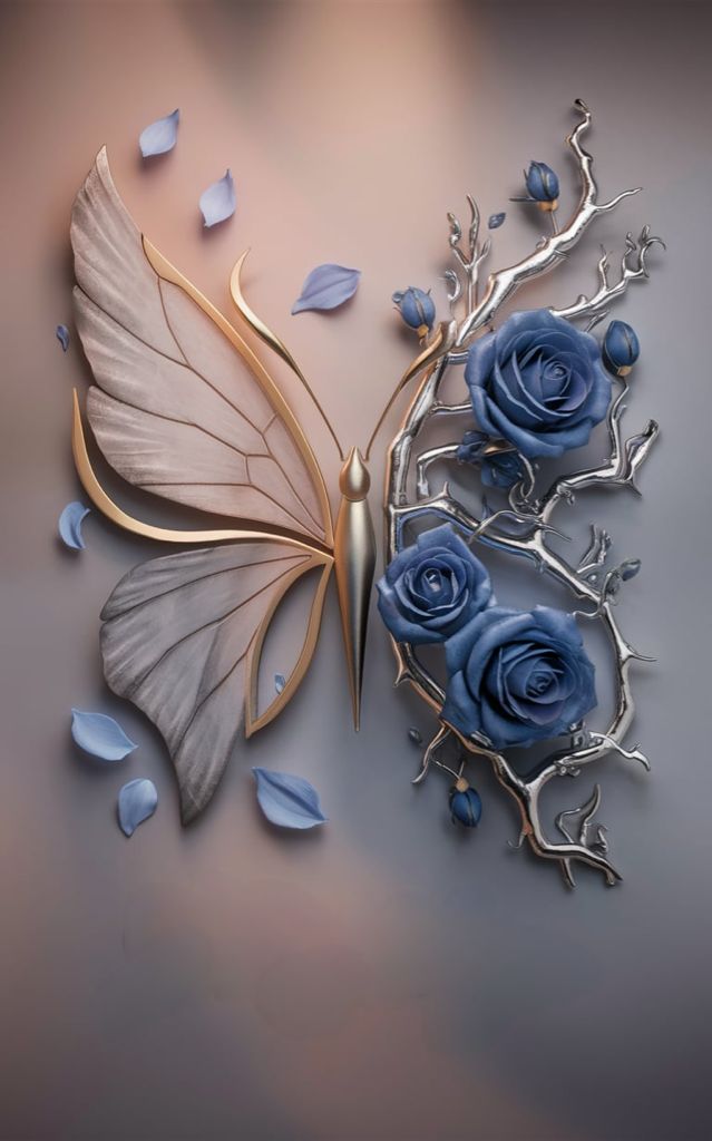 a butterfly with blue roses on it's wings is flying through the air over a gray background