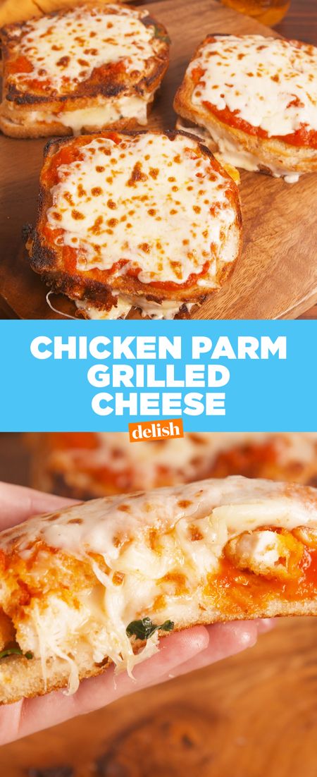 the chicken parm grilled cheese pizza is cut in half and being held by someone