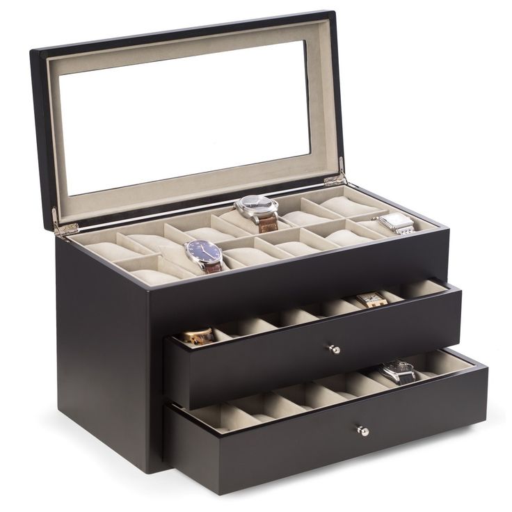 an open black jewelry box with watches inside