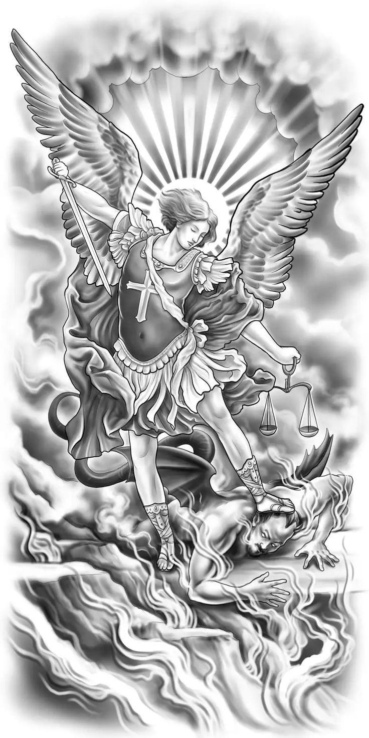 Saint Michael the Archangel Tattoo Design | Freelancer Stomach Men Tattoo, Arch Angel Michael Tattoo, Angel Warrior Tattoo, Archangel Michael Tattoo, Saint Tattoo, St Michael Tattoo, Arch Angels, Michael Tattoo, Archangel Tattoo