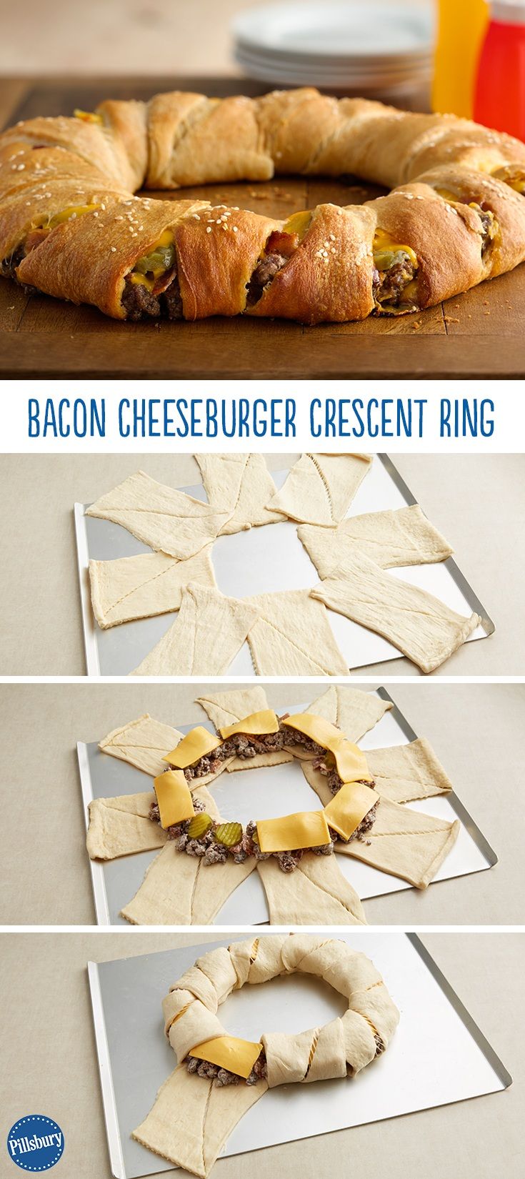 bacon cheeseburger crescent ring is displayed on a table