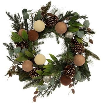 a christmas wreath with pine cones, greenery and balls on white backgroud