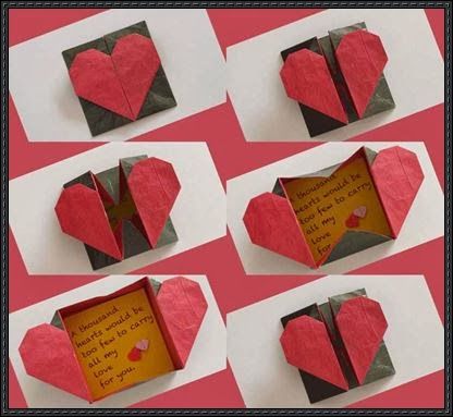 several pieces of folded paper with hearts on them