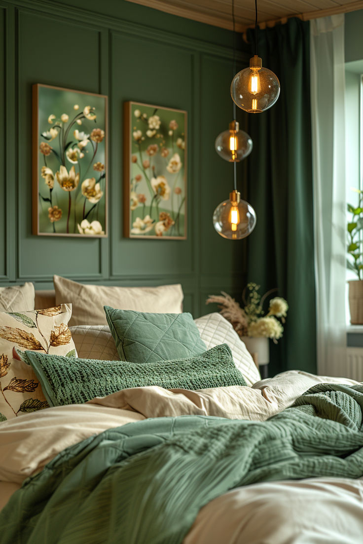 green bedroom, bedroom decor, bedroom inspo, bedroom ideas Bedroom Green And Yellow, Green Bedding Master, Green Color Bedroom, Forest Green Bedrooms, Small Shared Bedroom, Mint Green Rooms, Color Bedroom, Green Bedroom Decor, Pine Hill