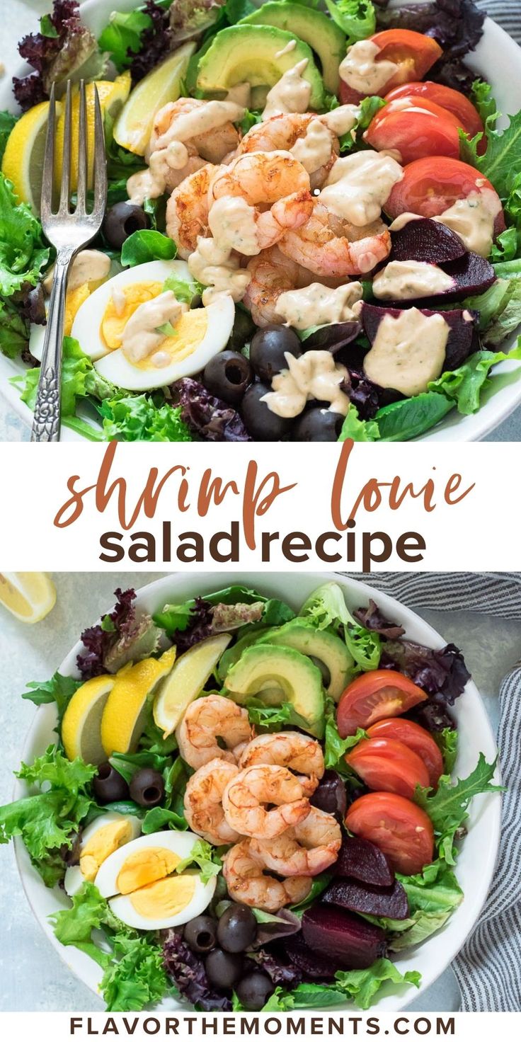 shrimp and egg salad with lettuce, tomatoes, cucumber, avocado in a white bowl