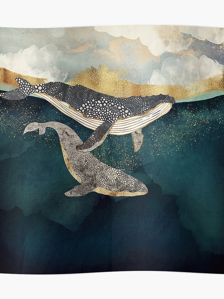 two humpbacks swimming in the ocean with clouds and stars on their backs