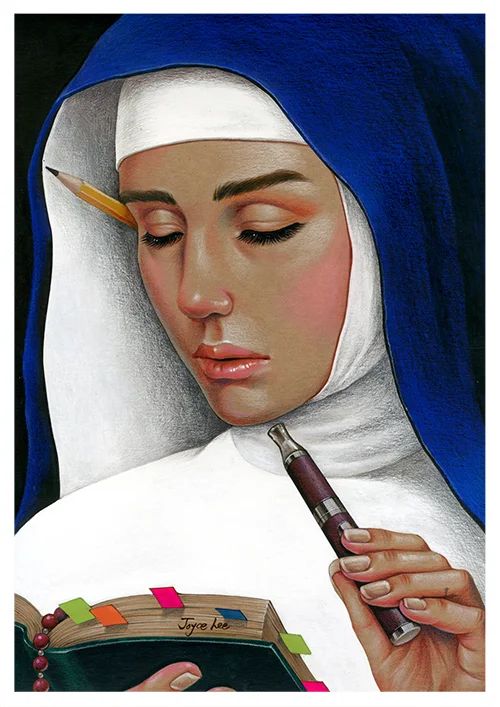 a painting of a nun holding a pen and writing on a book while wearing a blue shawl