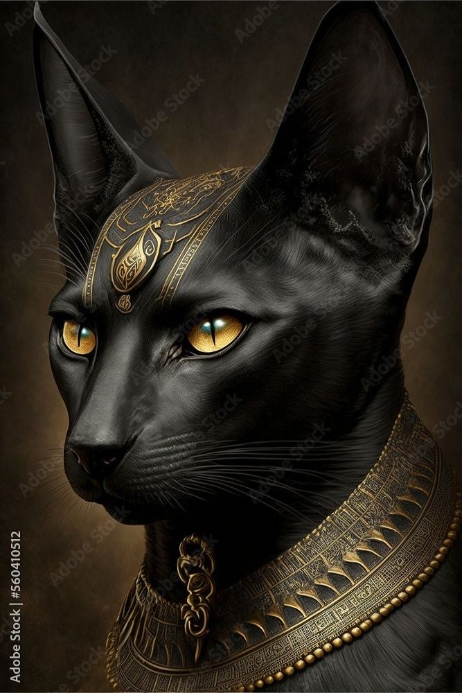 a black cat with yellow eyes wearing a gold collar