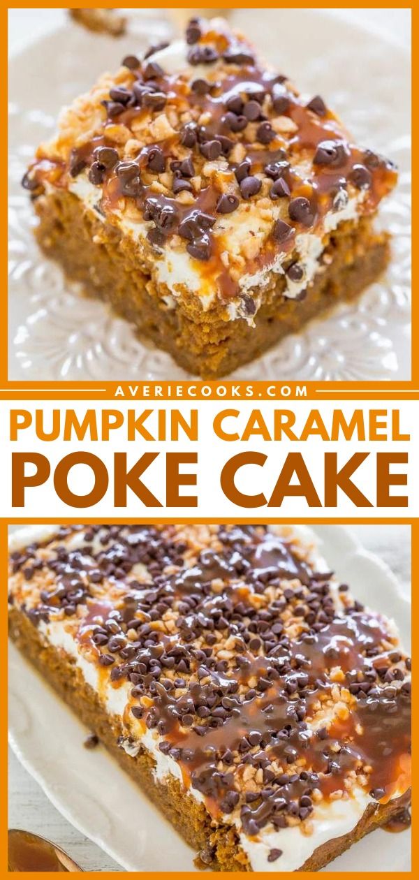 pumpkin caramel poke cake with chocolate chips and marshmallows in the middle