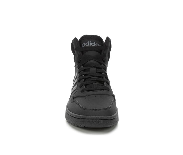 Combination leather and synthetic upper, Mid-top design with padded collar and fabric lining, Lace-up closure for a custom fit, Classic round toe with stitching details, Absorbent fabric lined insole, Durable rubber midsole and outsole with traction pattern, adidas® iconic three stripe details and branding | Men's Adidas Hoops 3.0 Mid Sneakers in Black/Nubuck Size 9.5 Medium Adidas Leather Mid-top Sneakers, Adidas Mid-top Sneakers For Outdoor, Mid-top Leather Basketball Shoes With Adidas Logo, Black Mid-top Adidas Sneakers, Adidas Mid-top Sneakers For Skateboarding, Mid Top, Court Shoes, Adidas Men, Custom Fit