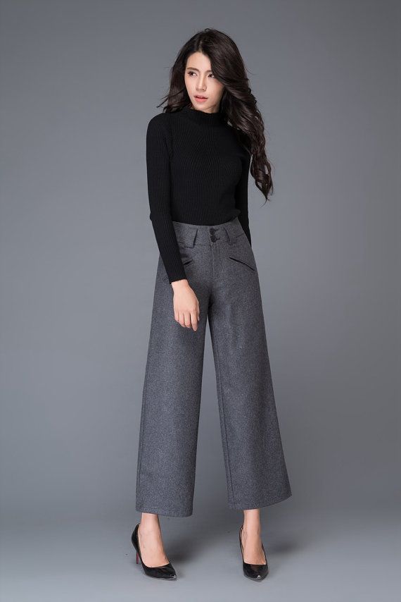 dark grey pant wool pant elegant pant womens pants by YL1dress Grey Pants Black Blazer, Gray High-waisted Wide Leg Pants For Business Casual, Gray High-waisted Wide Leg Office Pants, Gray Wide-leg Office Pants, Elegant Gray Ankle-length Wide Leg Pants, Gray Fitted Wide-leg Dress Pants, Fashion Business, 40 Fashion Women, Tunic Designs