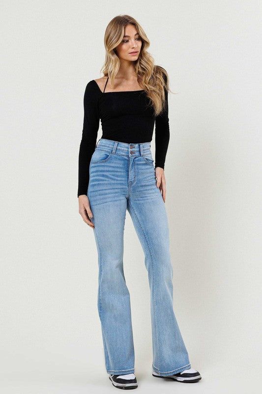 High-rise, flare jeans featuring front whiskered wash, doubled waist detail, two front pockets, two back pockets, and zip-fly closure with two buttons. - Rise: 11", Inseam: 32" - Model is 5'9" and wearing a size 3 -True to size Wide Legged Jeans, High Waisted Flare Jeans, High Waisted Flares, Long Jeans, Sheer Fabrics, High Jeans, Jacket Tops, High Waist Jeans, Jeans Fit