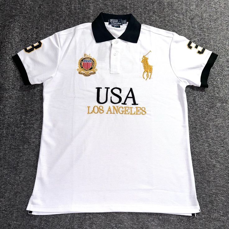 Same Day Or Next Day Shipping Guaranteed Casual White Letter Print Polo Shirt, White Short Sleeve Polo Shirt With Letter Print, Casual White Polo Shirt With Graphic Print, Classic White Shirt With Graphic Print, Classic White Shirt With Letter Print, Lauren White, Men's Polo, Polo Ralph, Mens Polo