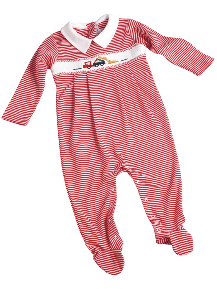 If you or your little one enjoys trucks, this is a must-have. The soft embrace of luxurious 100% pima cotton comforts and reassures your baby, whether playing, resting, or exploring. The brilliant red and white stripe pattern draws the eyes engaging their attention and imagination. But the real driving force behind this adorable piece is the charming truck hand embroidered on the front. Featuring vibrant colors and intricate details, this fun-loving vehicle adds whimsy and wonder to this footed Playful Red Onesie For Bedtime, Playful Red Bedtime Onesie, Driving Force, Fun Loving, Red And White Stripes, Pattern Drawing, Pima Cotton, Intricate Details, Stripes Pattern