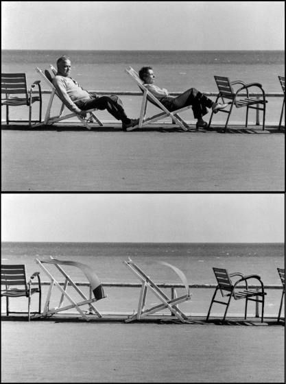 two black and white photos of people lounging on beach chairs