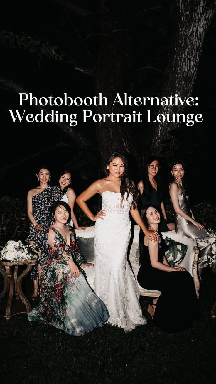 a group of women posing for a photo in front of a tree with the words photography alternatives wedding portrait lounge