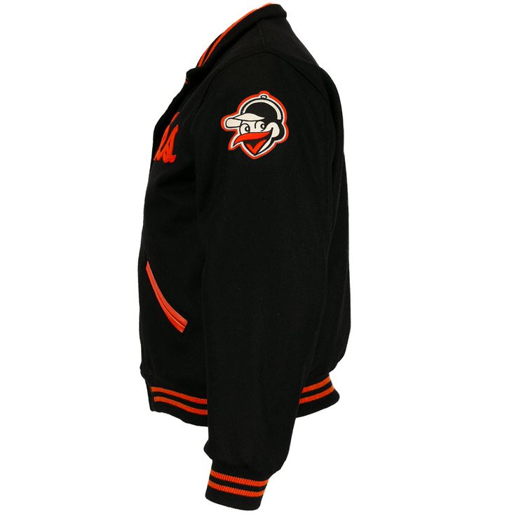 Baltimore Orioles 1966 Authentic Jacket – Ebbets Field Flannels Black Varsity Jacket With Embroidered Logo For Fall, Black Embroidered Logo Varsity Jacket For Fall, Fall Black Varsity Jacket With Embroidered Logo, Black Varsity Jacket With Embroidered Logo For Winter, Black Cotton Varsity Jacket With Embroidered Logo, Classic Black Wool Varsity Jacket, Black Wool Varsity Jacket With Long Sleeves, Black Wool Outerwear With Baseball Collar, Black Wool Varsity Jacket For Winter