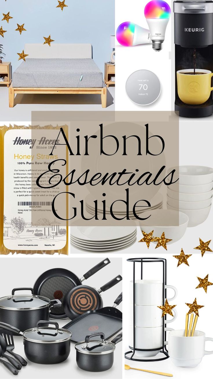 an assortment of kitchen items with the words air bnb essentials guide