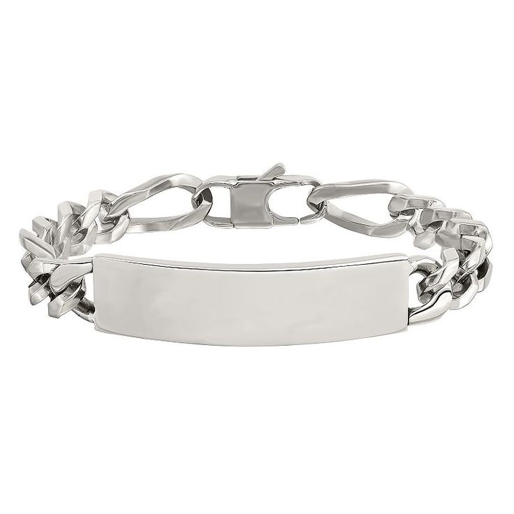 Featuring a large ID plate that is perfect for engraving, this stainless steel men's bracelet makes a handsome gift. Featuring a large ID plate that is perfect for engraving, this stainless steel men's bracelet makes a handsome gift. Length: 9 in. Metal: stainless steel Finish: polished Packaging: boxed Please note, due to the high value of this item, a signature may be required upon delivery. Size: One Size. Color: White. Gender: male. Age Group: adult. Classic Stainless Steel Cuban Link Bracelet, Silver Nameplate Bracelet Tarnish Resistant, Silver Stainless Steel Bracelets With Engraving Option, Classic Adjustable Cuban Link Bracelet In Stainless Steel, Classic Adjustable Stainless Steel Cuban Link Bracelet, Modern Silver Stainless Steel Name Bracelet, Classic Stainless Steel Chain Bracelet With Polished Finish, Silver Tarnish-resistant Nameplate Bracelet, Classic Stainless Steel Rectangular Chain Bracelet