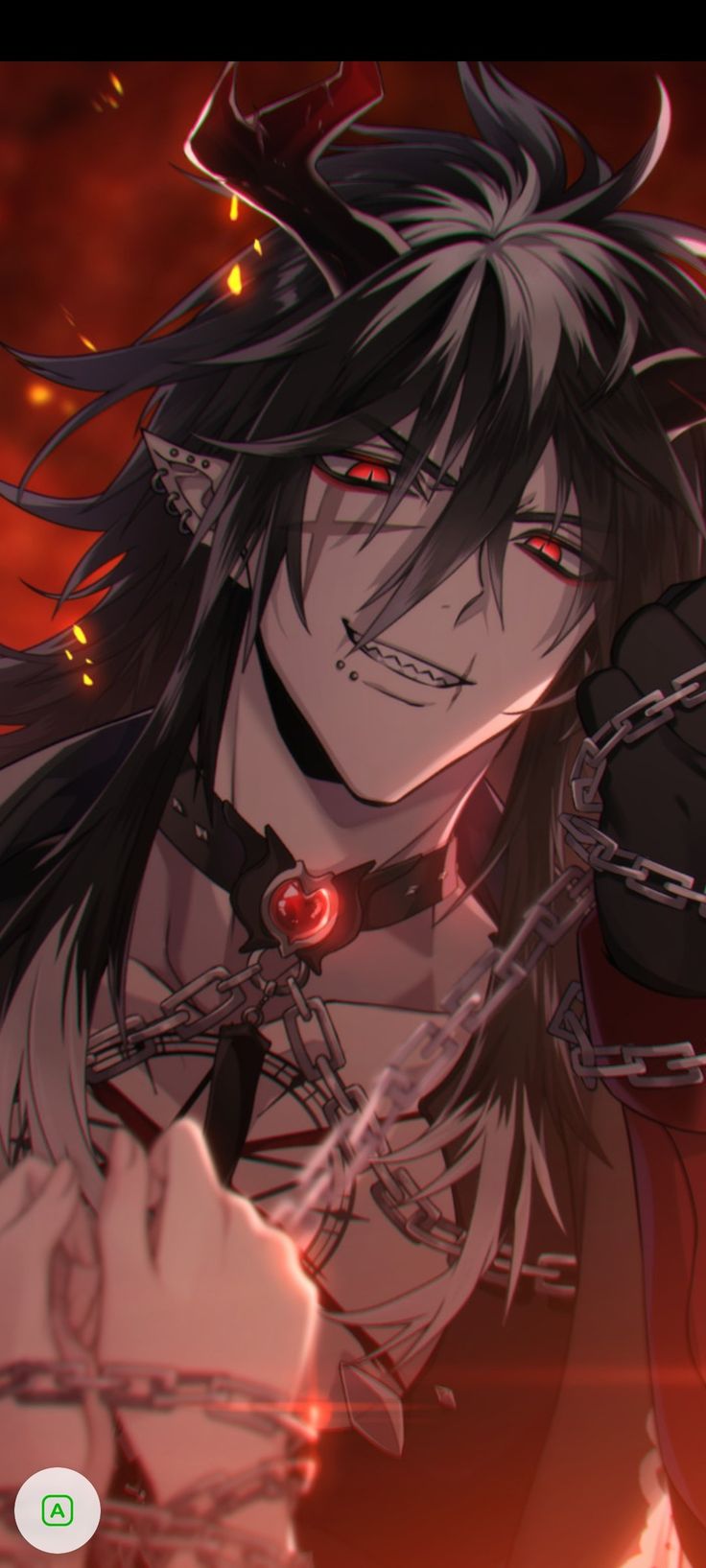 an anime character with black hair and red eyes