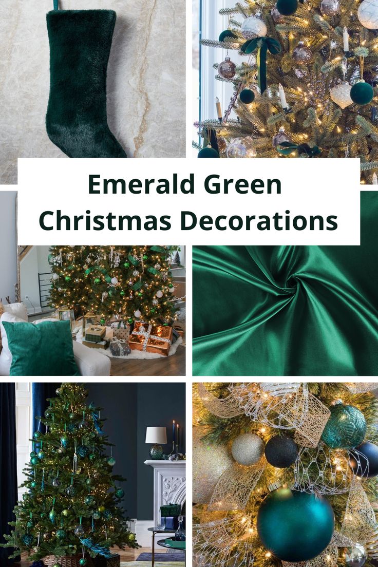 emerald green christmas decorations are featured in this collage