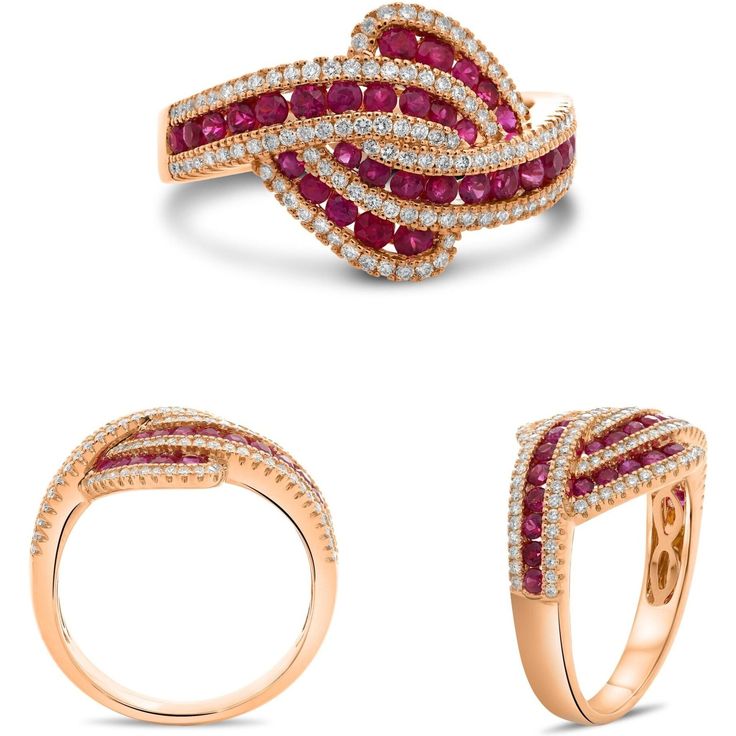 Roman & Jules 18K Rose Gold Ruby & Diamond Twist Ring Elegant Ruby Ring With Halo Design For Formal Events, Elegant Formal Ruby Ring With Halo Design, Fine Jewelry Rose Gold Ruby Ring With Halo Design, Exquisite Rose Gold Ring With Pave Setting, Rose Gold Ruby Ring With Halo Design, Elegant Yellow Gold Ruby Ring With Pave Setting, Elegant Pink Gold Diamond Ring With Accents, Elegant Pink Gold Diamond Ring With Brilliant Cut, Elegant Pink Gold Rings