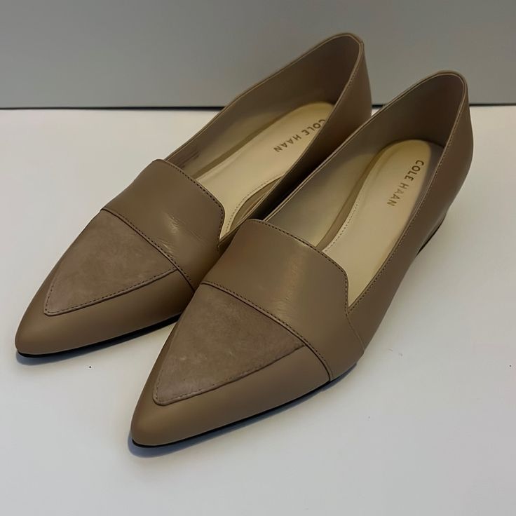 Cole Haan Loafers Size 6 1/2, Very Clean And Never Worn. In Perfect Condition Brown Pointed Toe Slip-ons For Office, Beige Leather Slip-on Shoes With Pointed Toe, Beige Pointed Toe Slip-ons With Leather Sole, Pointed Toe Office Flats With Brogue Detailing, Beige Slip-on Pointed Toe Flats For Work, Brown Slip-ons For Office In Spring, Beige Pointed Toe Flats For Formal Fall Occasions, Formal Beige Pointed Toe Flats For Fall, Fall Formal Beige Pointed Toe Flats