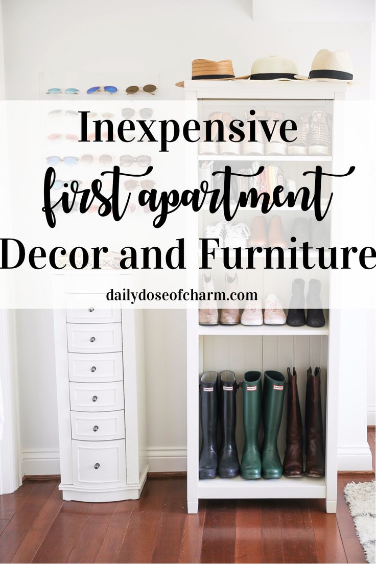 a white shelf filled with boots and shoes next to a wall mounted shoe rack that says, inexpensye first apartment decor and furniture